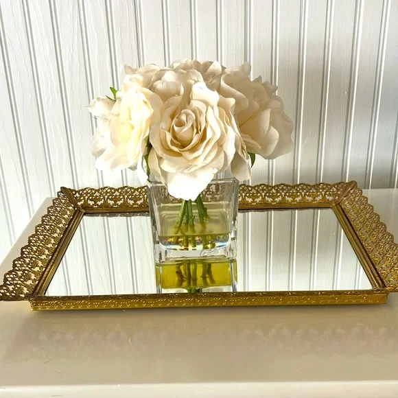 Vintage Gold Filigree Elegant Gold Framed Mirror Tray. - Picture 2 of 11